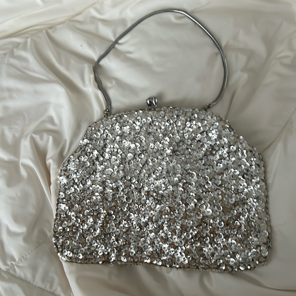 Vtg Silver Sequin Clutch Evening Bag Wedding Party Cocktail Handbag Kiss Lock